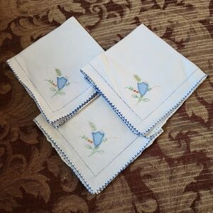 Vintage Handmade Hankies, Crochet Hankies, Blue floral and hem